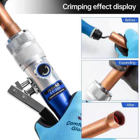 Portable Hydraulic Swaging Tool Kit For Copper Tubing Expands 3/8 To 1 1/8 Inch, showing crimping effect on copper tube