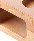 Close-up view of Buttery Smooth Espresso Tamper Station Crafted From Solid Natural Wood 58mm with cut-out storage.