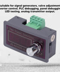 Close-up of DC0-10V 4-20mA Generator Module with Dual LED Display, visible calibration knob, green terminals, and front readout.
