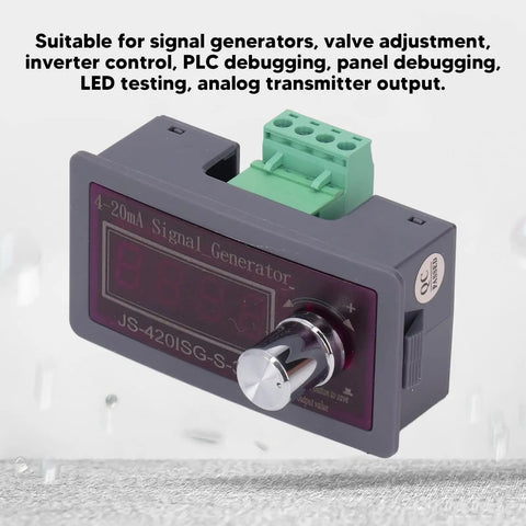 Close-up of DC0-10V 4-20mA Generator Module with Dual LED Display, visible calibration knob, green terminals, and front readout.