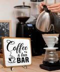 Rustic Coffee And Tea Bar Decor Sign Dope Wooden Plaque For Cafe Bar Or Coffee Station Or Shelf Farmhouse Kitchen Vibe And Tea Accessories For Home Or Office 5.9 By 5.9 Inches White And Brown displayed on a wooden stand with coffee brewing setup.