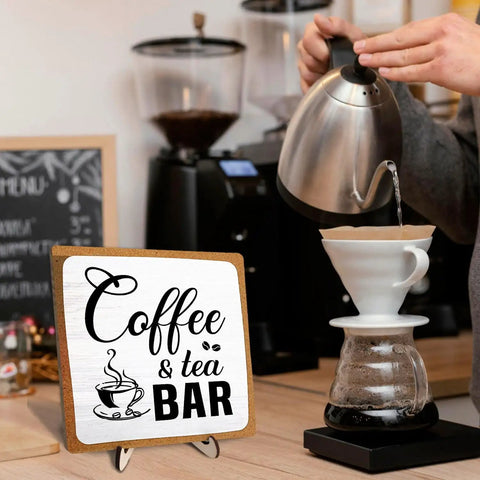 Rustic Coffee And Tea Bar Decor Sign Dope Wooden Plaque For Cafe Bar Or Coffee Station Or Shelf Farmhouse Kitchen Vibe And Tea Accessories For Home Or Office 5.9 By 5.9 Inches White And Brown displayed on a wooden stand with coffee brewing setup.