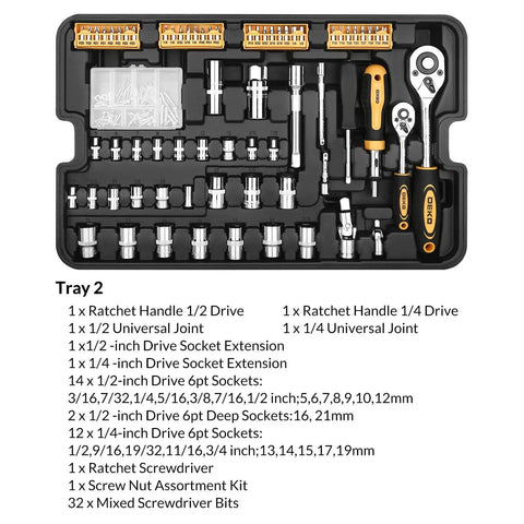 All In One 258 Piece Tool Kit With Rolling Tool Box And Socket Wrench Set Portable Mechanic Case detailing socket set tray.