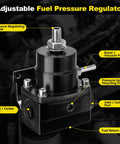 Adjustable EFI Fuel Pressure Regulator Kit With Bypass Return showing inlet, outlet, and vacuum ports, 30-70 PSI gauge fittings.