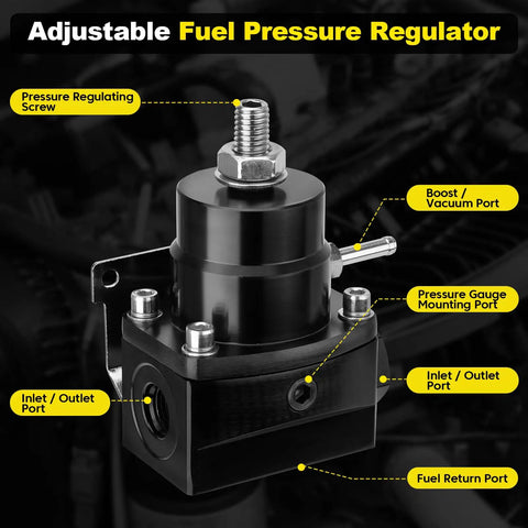 Adjustable EFI Fuel Pressure Regulator Kit With Bypass Return showing inlet, outlet, and vacuum ports, 30-70 PSI gauge fittings.