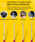 Universal double ends seal pick and hook set for hydraulic marine cylinders, showing combination, straight, full hooks, and 90° pick