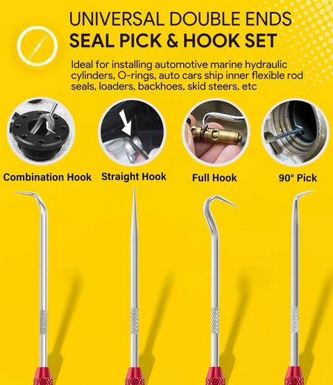 Universal double ends seal pick and hook set for hydraulic marine cylinders, showing combination, straight, full hooks, and 90° pick