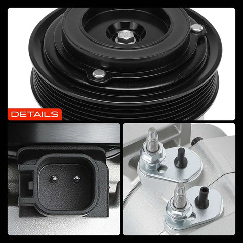 Heavy Duty AC Compressor With Clutch Assembly For Jeep Grand Cherokee WK2 3.6L 2016 to 2022 RS18 6 Groove Pulley detail view of clutch and fittings