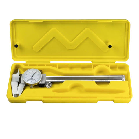 0-6 Inch Four Way Dial Caliper With Shock Proof Imperial Carbon Steel Housing in yellow case