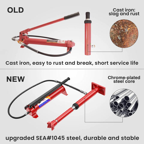 Anbull 10-Ton porta power hydraulic jack, two red units shown (old and new designs) for auto repair