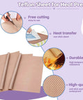 Teflon sheets for heat press with cutting, heat transfer, and durability features displayed, ideal for All In One Sublimation Shirts Tool Kit For Vinyl Alignment With Portable Ironing Pad And T Shirt Ruler Guides Must Have Teflon Sheets For Cricut Heat Press HTV Center Designs Plus Heat Resistant Gloves Tape Pencils And Mini Pruning Tool.