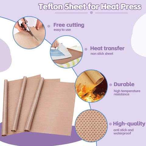 Teflon sheets for heat press with cutting, heat transfer, and durability features displayed, ideal for All In One Sublimation Shirts Tool Kit For Vinyl Alignment With Portable Ironing Pad And T Shirt Ruler Guides Must Have Teflon Sheets For Cricut Heat Press HTV Center Designs Plus Heat Resistant Gloves Tape Pencils And Mini Pruning Tool.