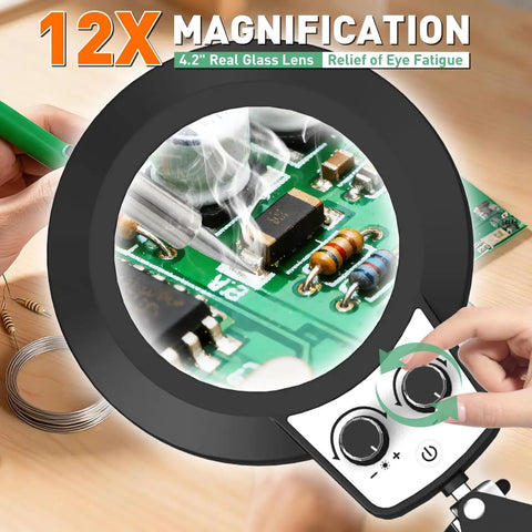 12X Magnifying Glass With Light And Stand Long Arm Magnifier for Close Work Craft Sewing and Repair Desk Lamp showing circuit board