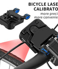 Dead Center Bike Laser Calibrator Rechargeable Wheel Handlebar Alignment Tool with laser projection on bicycle wheel.
