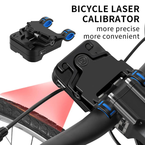 Dead Center Bike Laser Calibrator Rechargeable Wheel Handlebar Alignment Tool with laser projection on bicycle wheel.