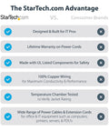Comparison chart highlighting StarTech.com advantages over consumer brands, including warranty, safety, and copper wiring.