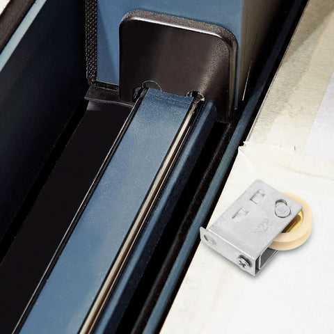 Heavy Duty Guide Pulley Roller Replacement Wheel For Sliding Barn Doors And Cabinets Featuring Rock Solid Construction And Smooth As Butter Silent Glide Action, showing steel rim and track.