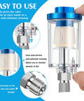 Close-up of Six Pack Of Small Water Oil Separator Filters For 1/4 Inch NPT Inlet And Outlet, clear polycarbonate housing