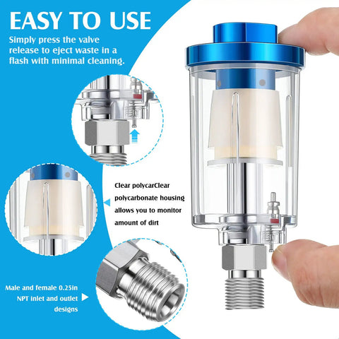 Close-up of Six Pack Of Small Water Oil Separator Filters For 1/4 Inch NPT Inlet And Outlet, clear polycarbonate housing