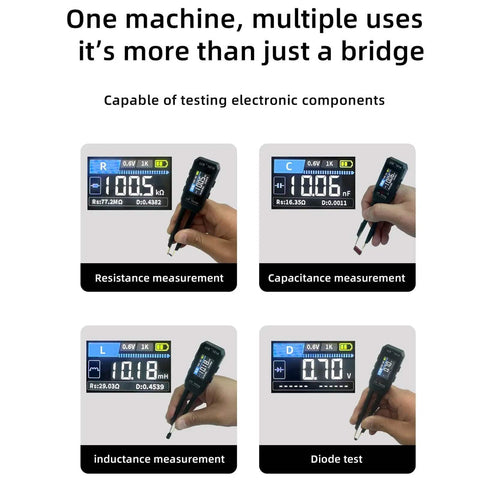 Digital Tweezers Tester And SMD Component Analyzer Multimeter For Circuit Board Repair with Auto Recognition showing various measurements.