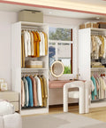 Rock Solid 8 Foot Modular Closet Organizer With 12 Hanging Rods And Extra Wall Shelf No Fuss DIY Assembly For Walk In Bedroom Storage Flexible White Layout Game Changer For Small Spaces with neatly hung clothes and stacked shelves.