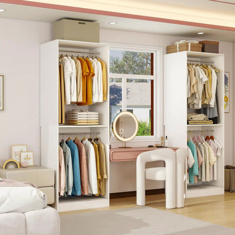 Rock Solid 8 Foot Modular Closet Organizer With 12 Hanging Rods And Extra Wall Shelf No Fuss DIY Assembly For Walk In Bedroom Storage Flexible White Layout Game Changer For Small Spaces with neatly hung clothes and stacked shelves.