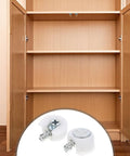 White Furniture Shelf Support Pegs Cam Lock Fasteners With Cabinet Connectors For Hidden Shelf Brackets shown inside a cabinet.