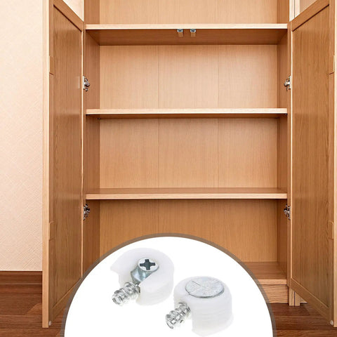 White Furniture Shelf Support Pegs Cam Lock Fasteners With Cabinet Connectors For Hidden Shelf Brackets shown inside a cabinet.