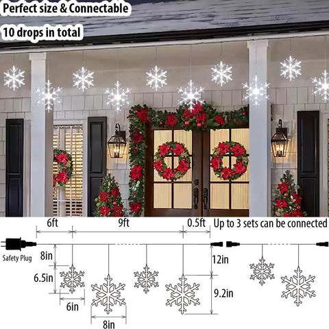 Snowflake Icicle Christmas Lights With 150 LED 9ft Run 10 Drops Twinkling Cool White Waterproof Connectable Up To 3 Sets