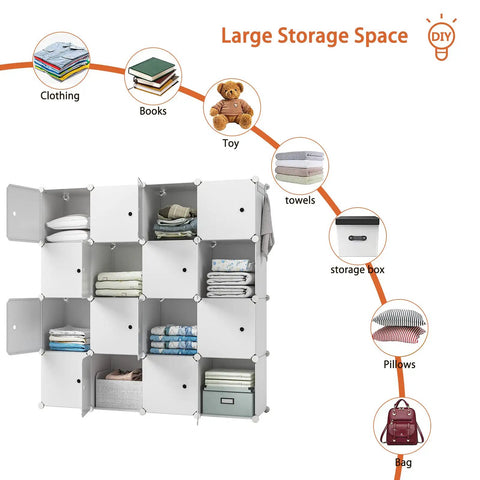 Closet Organizer 16 Cube Storage With Doors Portable Wardrobe System For Bedroom And Home White shown storing various items