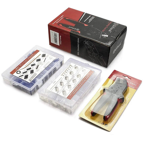 Ratcheting Crimping Tool Kit For DIY Electronics With 1550 Dupont 2.54mm Connectors And 760 JST XH 2.54mm Connectors Plus 1.5m 10 Wire Ribbon Cable Built From Premium Alloy Steel For Precise Easy To Use Pro Grade Crimping On AWG 26-20, showing crimping tool and connector boxes