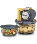 5 In 1 Kitchen Prep And Storage Bowl System Featuring Crinkle Slice And Shred Blades For Real Deal Meal Prep And Hosting Like A Champ With Secure Snap Lids with salad and sliced snacks.