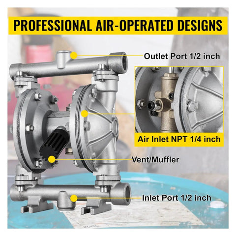 Stainless Steel Air Operated Double Diaphragm Pump With PTFE Diaphragms For Transfering Petroleum Oil And Chemicals Heavy Duty Self Priming Pneumatic Pump Up To 90 Psi