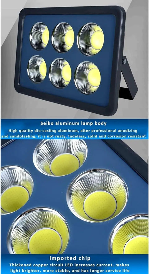 JUDYSSY Led Floodlight Outdoor 100-600W showing high brightness LED chips in Seiko aluminum lamp body.
