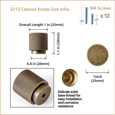 6 Pack Antique Brass Cabinet Knobs Set With Zinc Alloy Construction showing knob dimensions and included 12 screws