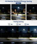 30000W Solar Street Lights Outdoor with dimmable settings showcasing PIR motion sensor and brightness levels for security use.