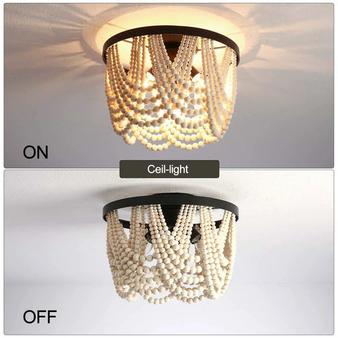 Farmhouse Boho Flush Mount Ceiling Light Three Light Wood Bead Chandelier Black Metal Hanging Pendant Lighting on and off view