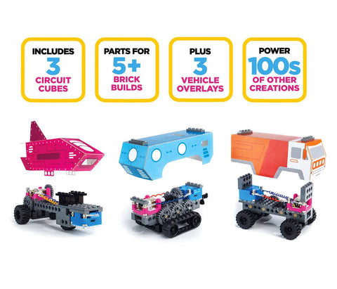 Gears Go Multi Vehicle Mobility Launch Kit For STEM Lovers with 3 brick builds and 3 circuit cubes showcasing vehicle overlays.