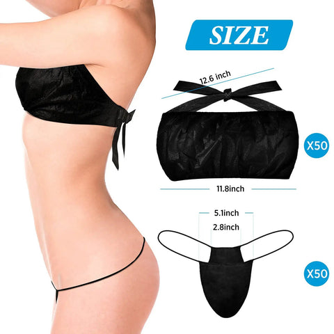 Side view of model wearing 100-Piece Women Disposable Underwear Set With Disposable Bras And Black Thong Panties For Spa Or Salon Use