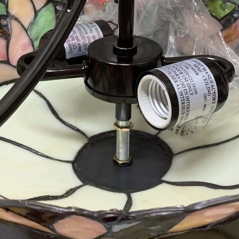 Close-up of socket area on Pink Wisteria Tiffany Style Stained Glass Semi Flush Mount Ceiling Light With Close To Ceiling Design.