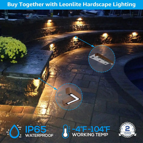 Lit Right Angle Outdoor Step Lights 8 Pack for Corners and Walls LED Hardscape Lighting illuminating steps at night.