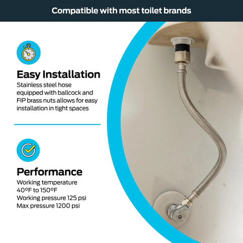 16 Inch Stainless Steel Braided Toilet Water Supply Line With 7/8 Inch Ballcock Outlet And 1/2 Inch FIP Inlet installed in a toilet