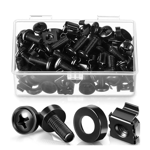 Rack Mount Screw Cage Nut Kit M6x16mm, 50 Full Sets For Quick Install, Pro Grade Rack Hardware For Easy Server Cabinet And Network Rack Mounting, Standard Size Fits Most Racks, Includes Screws, Cage Nuts, And Washers; black set in plastic case