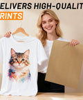 Woman holding Nonstick PTFE Teflon Sheets For Heat Press 16x20, 10 Pack, next to a printed cat design on a white T-shirt