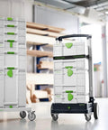 Sys3 Combo M Drawer Systainer With Front Access in a tower, white stackable units, on wheeled base in a workshop setting