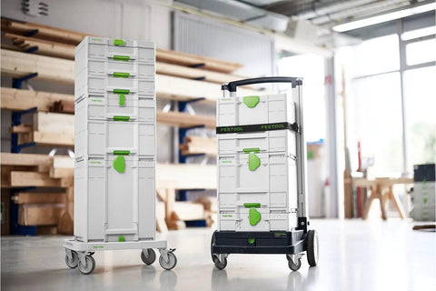 Sys3 Combo M Drawer Systainer With Front Access in a tower, white stackable units, on wheeled base in a workshop setting