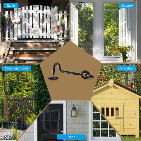 Rock Solid Top Shelf Cabin Swivel Hook And Eye Latch For Door Gate And Window Carbon Steel Heavy Duty Rust Resistant Security Lock 2 Inch 5 Pack with various door types.