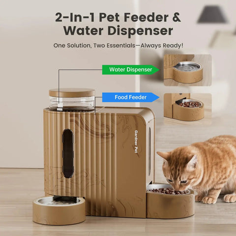 Pawsome Gravity 2 In 1 Automatic Pet Feeder And Water Dispenser 0.8 Gallon Each BPA Free Stainless Steel Bowl with light woodgrain style.