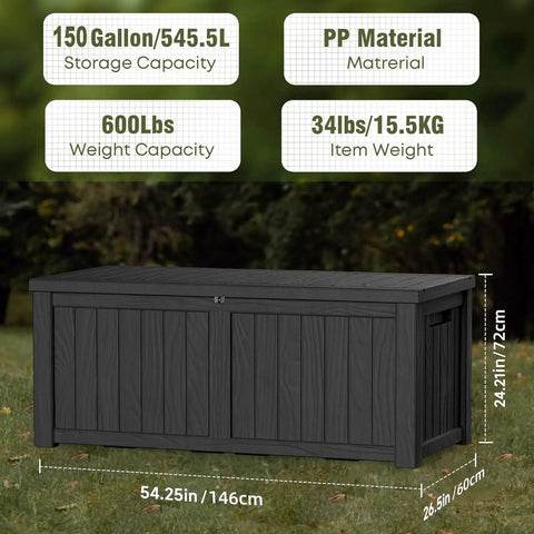 Heavy Duty 150 Gallon Waterproof Outdoor Storage Box For Patio And Garden Lockable Resin Deck Box with dimensions and specs