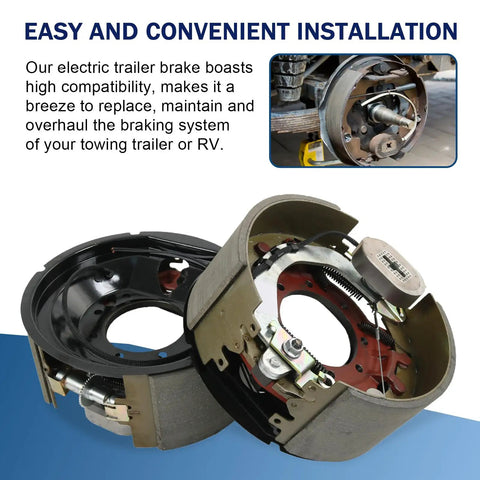 Rock Solid Pair Of Electric Trailer Brakes For 12 By 5 Hub Fit 12000 Lb Axles With 7 Bolt Flange showing brake assembly for easy installation.